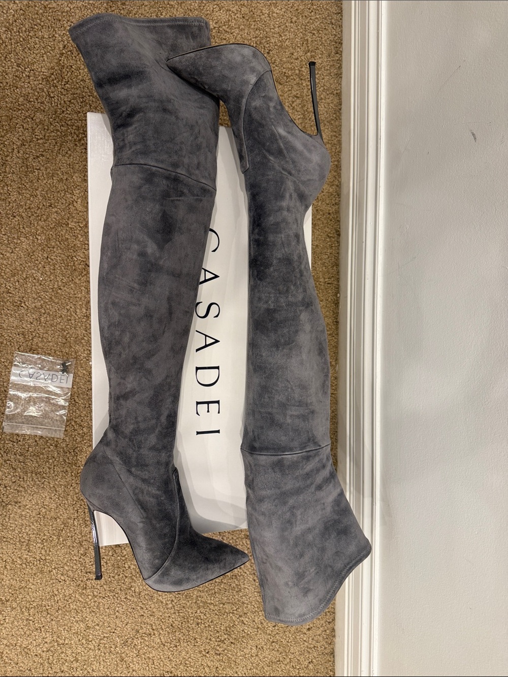Casadei Blade Over The Knee Grey Suede Boots 37 Runway Thigh High Heels